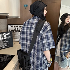 港风大码美式复古贴袋格子翻领短袖衬衫男女XZ213-CS8806-P45控58，男装T恤，星座213