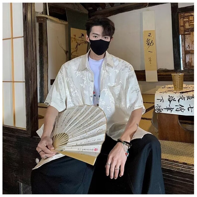 风夏男冰丝短袖衬衫丝绸竹子印花唐装新中式衬衣CS016 P50图片