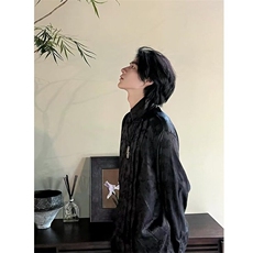 春秋改良中式缎面提花复古长袖衬衣男女珍珠扣立领小众个性衬衫男，男装衬衫，星座506A