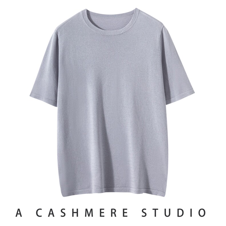 夏天可穿！男丝羊绒精纺圆领短袖15%山羊绒针织T恤透气，男装T恤，晨晟羊绒