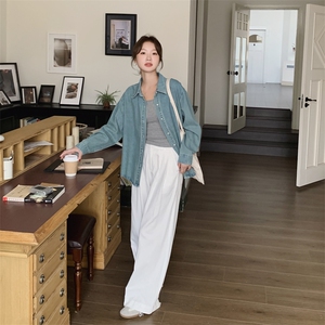 早春韩版设计感宽松复古蓝软牛仔衬衫内搭叠穿小个子长袖衬衣女装图片