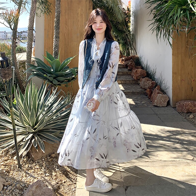 现货-蓝色印花连衣裙+马甲两件套203-8887-P175-K258,女装套装/套裙,浙宝203