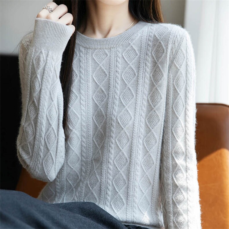 秋季新款纯色圆领羊绒衫女套头长袖毛衣百搭绞花羊毛打底针织衫,针织衫/毛衣,暖绒情旗舰店