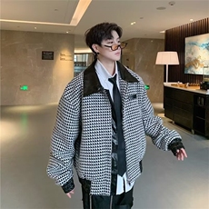 W10471-P73网图现货短款千鸟格外套拉链潮宽松型西装领夹克，男装夹克，星座1608