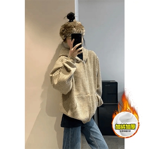 480G重磅加绒硬挺boxy 男女秋冬美式高街条纹毛呢卫衣开衫厚外套图片