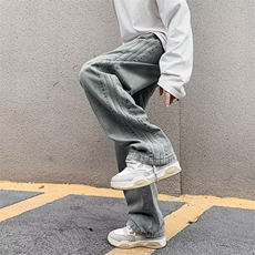 高街牛仔裤男韩版潮流拼接条纹帅直筒2024冬季ins长裤RK1282-P42，男装牛仔裤，星座412-3