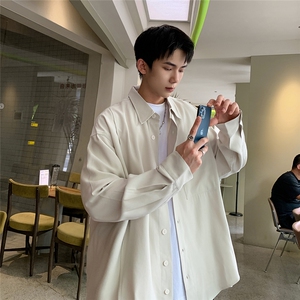 已下单24084-P45宽松阔版长袖衬衫男士大码衬衣男装慵懒风图片