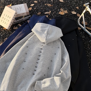 美式重磅Cleanfit复古钉珠刺绣设计连帽卫衣男女宽松休闲上衣帽衫图片