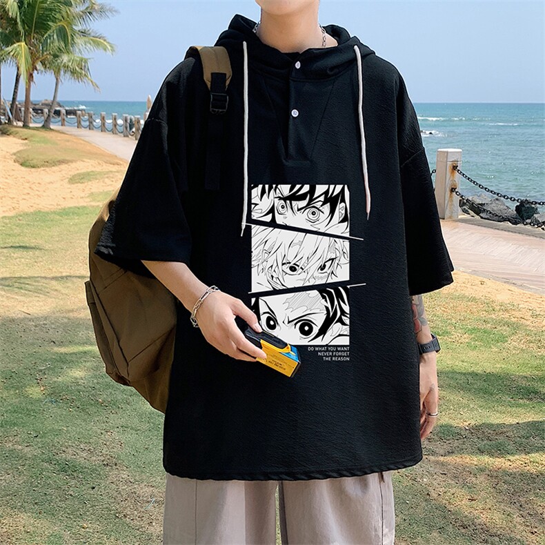 LD54176-P45连帽短袖t恤男大码胖子带帽五分袖中袖,男装T恤,电商A040