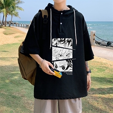 LD54176-P45连帽短袖t恤男大码胖子带帽五分袖中袖，男装T恤，电商A040