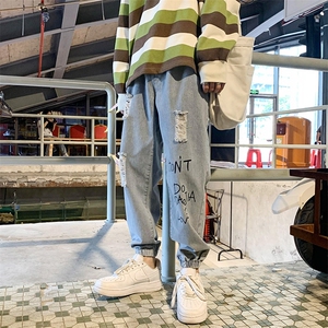 2021夏港风街拍新潮大码男破洞印花束脚九分牛仔裤N8106-P55图片