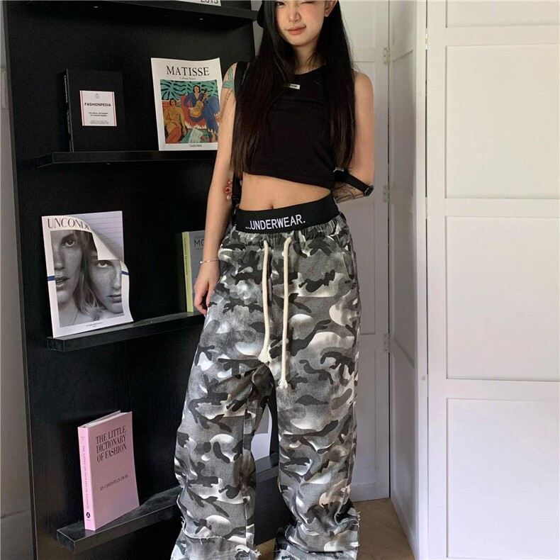 美式迷彩裤女夏季双腰头拖地休闲裤设计感直筒阔腿裤宽松帆布裤子,男装休闲裤,星座218-1（原230）