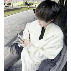 秋冬复古破洞流苏拉链开衫毛衣男休闲宽松百搭针织衫潮  MY107图片
