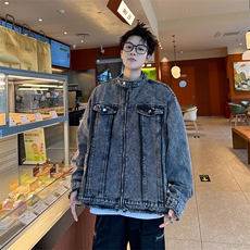 美式毛边设计感牛仔外套潮牌垫肩短款水洗夹克，男装工装外套，星座410-7
