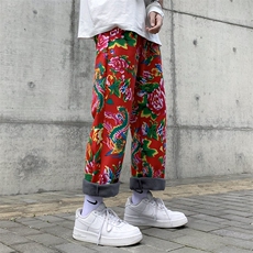 K203东北大花休闲加绒束脚九分裤大码风牡丹民族特色大花裤子，男装休闲裤，星座115A(原星座507）