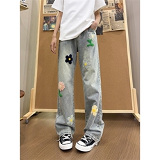 B221美式ins高街暗黑毛巾绣宽松直筒牛仔裤LK25497-特P45控89，男装牛仔裤，电商B221