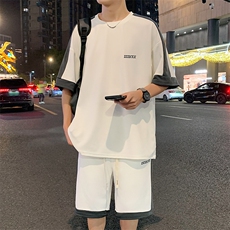 特批P37无差价夏季菠萝格拼接字母刺绣大码短袖T恤短裤男士TZ301，男装休闲套装，电商A001