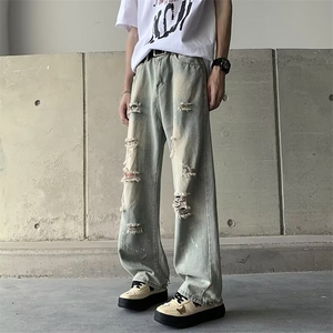 牛仔裤男夏季薄款宽松直筒高街vibe水洗做旧美式裤子 N7064图片