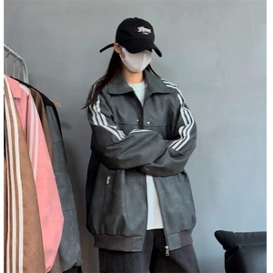 早春翻领情侣PU皮衣夹克外套男女同款休闲美式复古潮牌JKK06P75图片