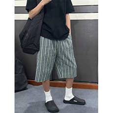 复古蓝绿格纹宽松廓形七分裤男女夏季慵懒风直筒休闲裤DK24，男装牛仔裤，星座1116A（原606A-3）