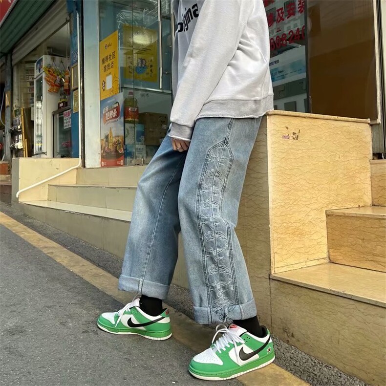 高街牛仔裤男生潮牌直筒宽松复古腰果花休闲长裤子痞帅k353-p45，男装牛仔裤，星座1008