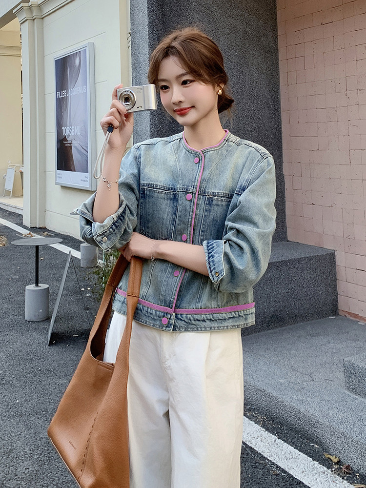 韩版休闲圆领撞色牛仔外套女2025早春新款小个子减龄宽松夹克上衣,女装牛仔外套,蝶眷