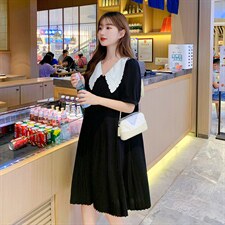 雪纺连衣裙2021新款夏季中长款百褶裙黑色韩版减龄连衣裙女，女装连衣裙，梦懿尔