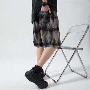 潮牌扎染牛仔短裤男夏季美式复古宽松五分裤子松紧腰马裤DA17-P43图片