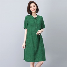 高端大气提花连衣裙女夏季妈妈宽松直筒休闲减龄遮胯显瘦短袖裙子，女装连衣裙，天丽