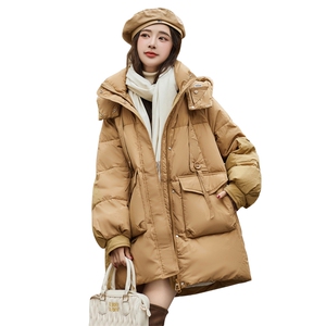 2024冬季新款时尚简约休闲立领连帽中长款羽绒服图片