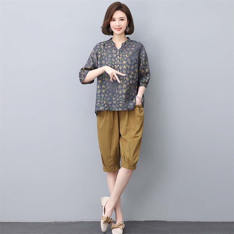 夏季纯苎麻上衣裤子两件套2022年夏季女款中年妈妈时尚套装,女装套装/套裙,忆绮罗