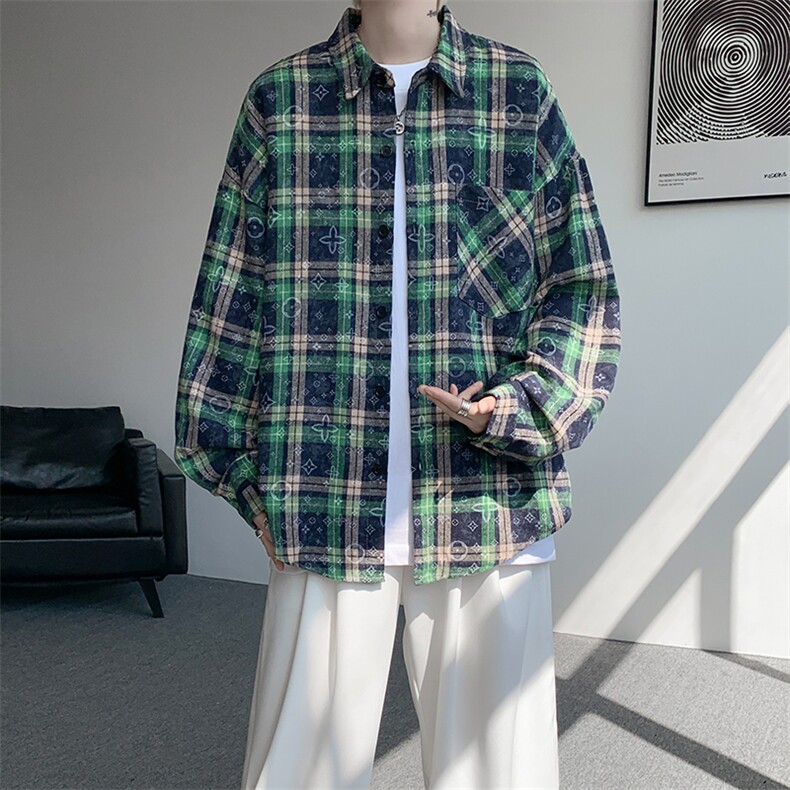 衬衫男秋季新款港风宽松大码磨毛格子扎染长袖衬衣CS507-P35，男装衬衫，星座214-3