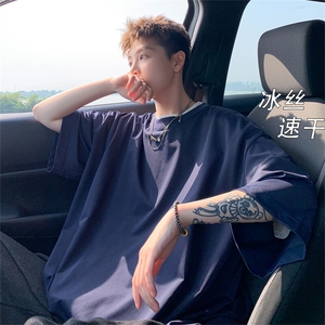 美式慵懒短袖t恤男生夏季纯色情侣薄款潮牌宽松大码落肩半袖上衣图片