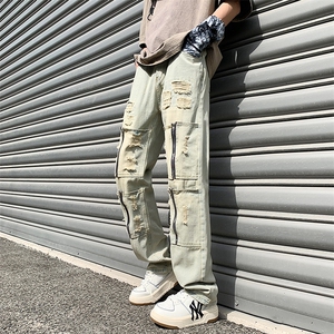 高街重工牛仔裤设计感拉链破洞vibe风潮流直筒裤子男N06038-P50图片