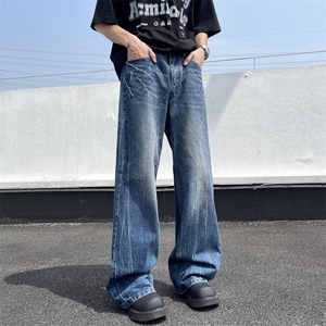 美式高街闪电爆裂纹牛仔裤男款宽松牌直筒微喇阔腿长裤子N921-P45图片