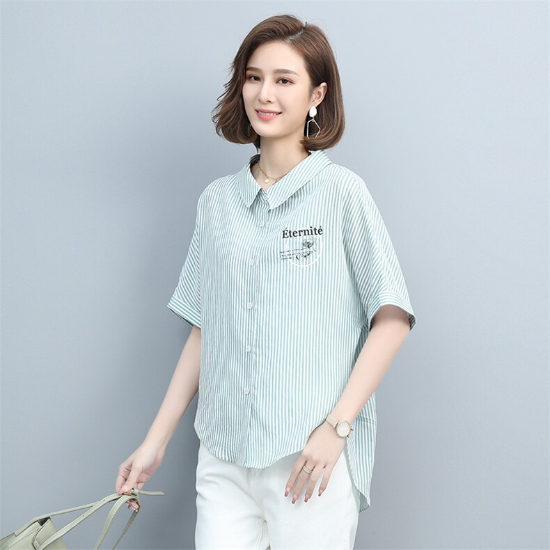 2023夏季新款简约气质翻领时尚休闲条纹衬衫,女装衬衫,玛其路