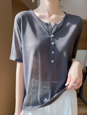 春秋短袖高档新款简约四扣半开圆领薄款打底衫女t恤针织上衣，女装针织衫/毛衣，绒宛羊绒