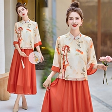 新风中式改良立领印花汉服套装裙292P135，女装套装/套裙，乐衣轩