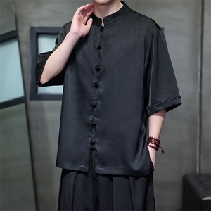 夏季新款缎面短袖衬衫男风新中式五分袖品质半袖大码CS888P65图片
