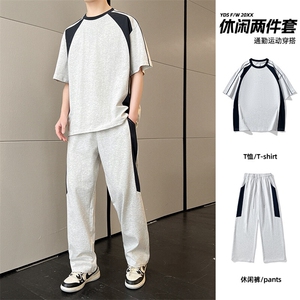 短袖t恤男士夏季ins潮牌帅气百搭运动套装休闲搭配一套上衣服图片