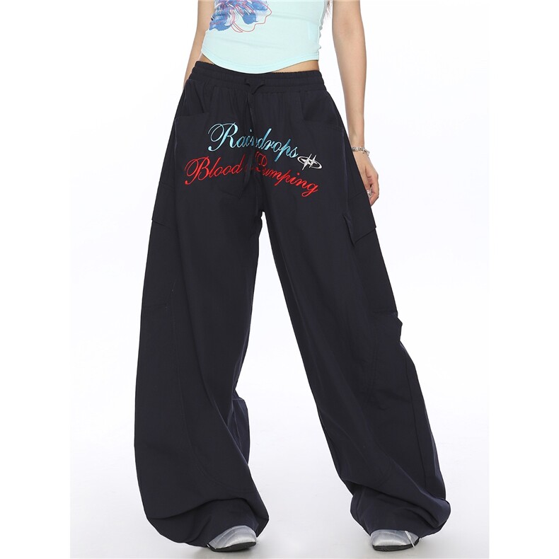 美式字母刺绣弯刀阔腿裤男女夏季宽松hiphop褶皱速干街舞休闲长裤，男装休闲裤，星座1210-1