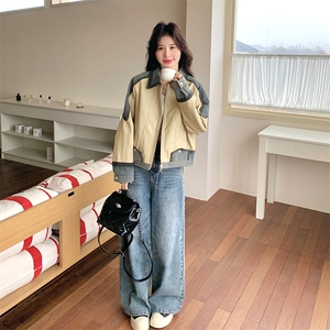 小众设计感牛仔拼接皮衣外套女2025春新款韩版宽松小个子休闲夹克图片