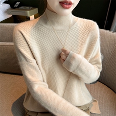 2025冬季100%纯羊毛衫女半高领提花加厚宽松羊绒衫针织打底衫毛衣，女装羊毛衫，迅太羊绒