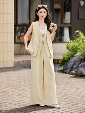 现货轻熟风气质套装女2026夏季麻料薄款西装马甲上衣阔腿裤两件套，女装套装/套裙，艾仟回(原伊仟回)