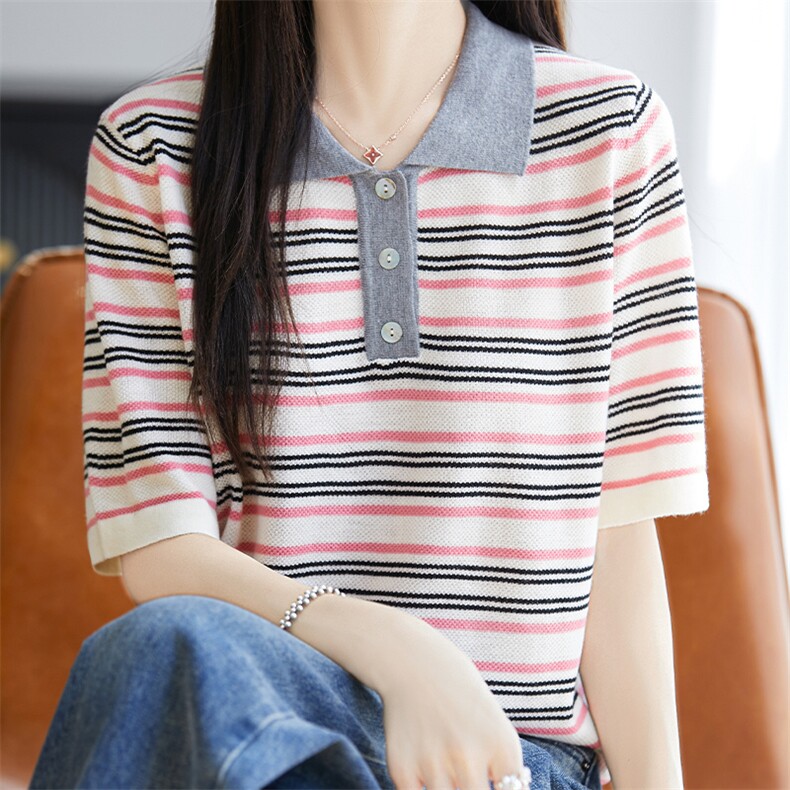 2025春夏新款polo领条纹针织短袖t恤女撞色翻领半袖打底衫薄上衣,针织衫/毛衣,唐诺