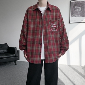 衬衫男春季新款港风宽松大码刺绣格子衬衣CS121-P35图片