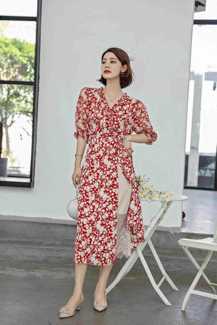 【夏季新款】长款碎花蕾丝连衣裙，女装连衣裙，笑思源