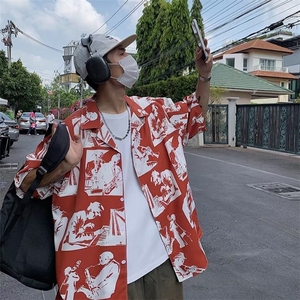 夏上衣宽松高级感垂感短袖衬衫男装潮流水墨免烫衬衣潮LS2235 P32图片