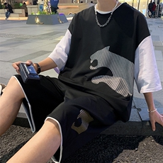 高品质夏季短袖T恤港风套装青少年纯棉潮流宽松男装DF317P65控89，男装休闲套装，电商A086