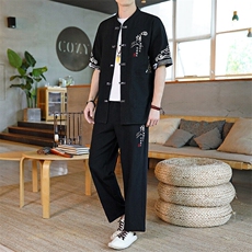 风男装夏短袖男复古开衫套装新款民族风一套，男装休闲套装，星座1206（原A206）